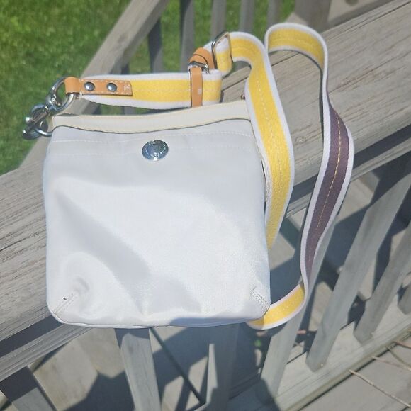 Coach Handbags - Coach White Nylon Crossbody Bag with Yellow Stripe Strap
